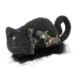 Embellished Decorative Stuffed Plush Cat Lace Gem Button Fur Gray Felt Kitty